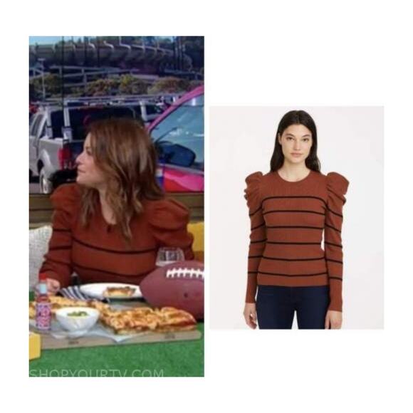 7 for All Mankind Brown Striped Cashmere Blend Puff Shoulder Crew Neck Sweater - Picture 9 of 9